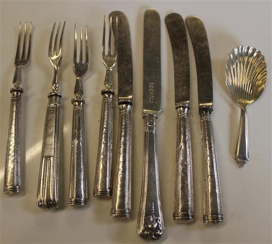 Silver caddy spoon and other cutlery